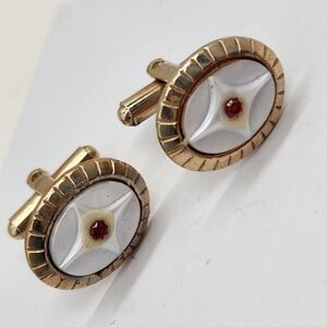 Vintage cufflinks golden tone bullet back red white framed oval jewelry formal